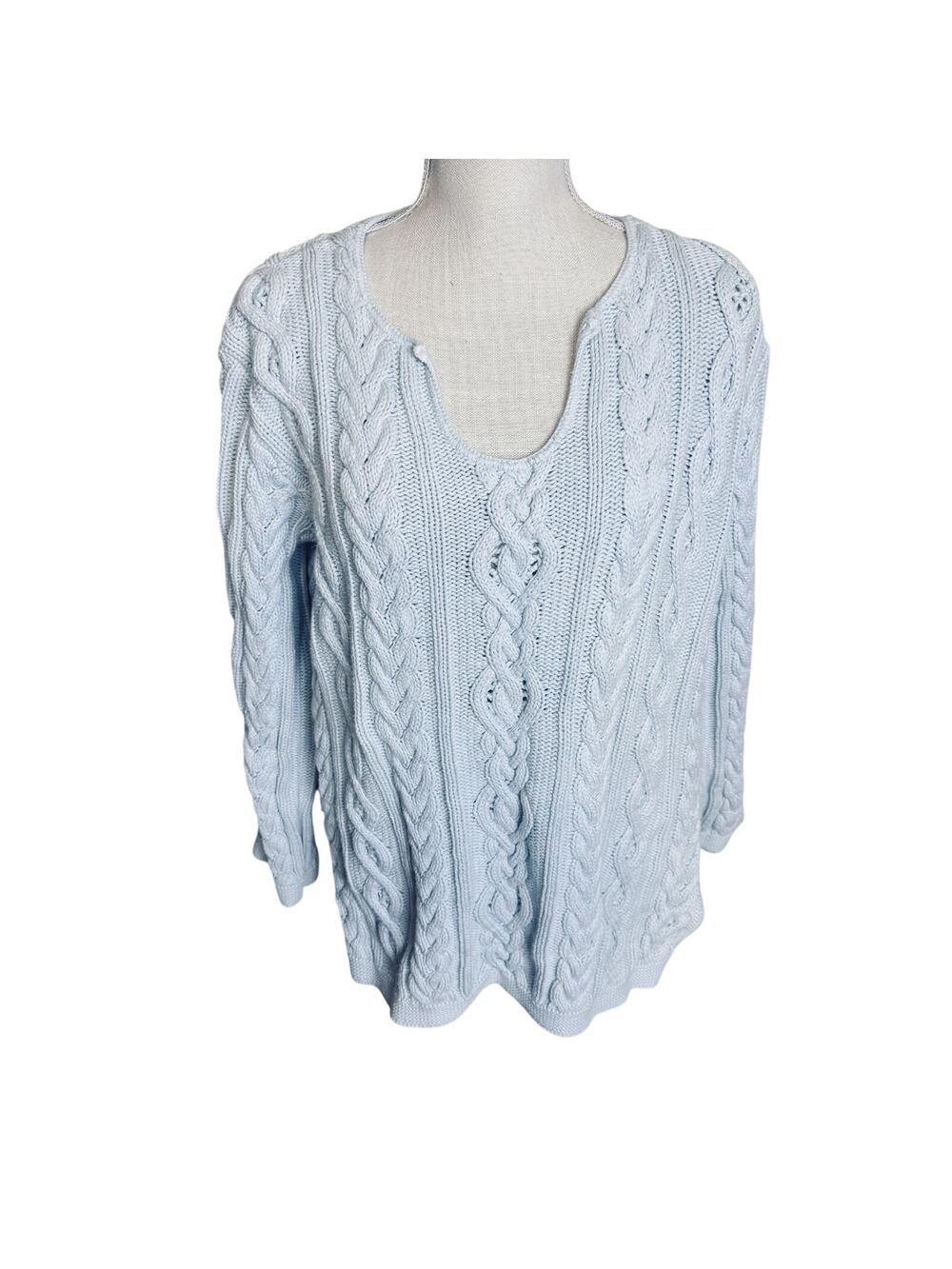 Moda Int'l Cable Knit Sweater Light blue‎ 100% cotton pullover VTG 90s sz L